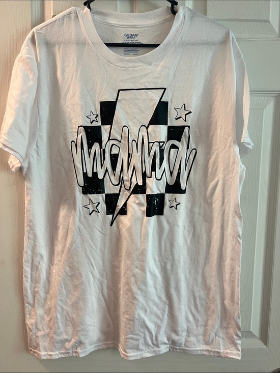 Gildan Tops - Gildan White Mama Tee with Black Lightning, Checker & Script Graphic
